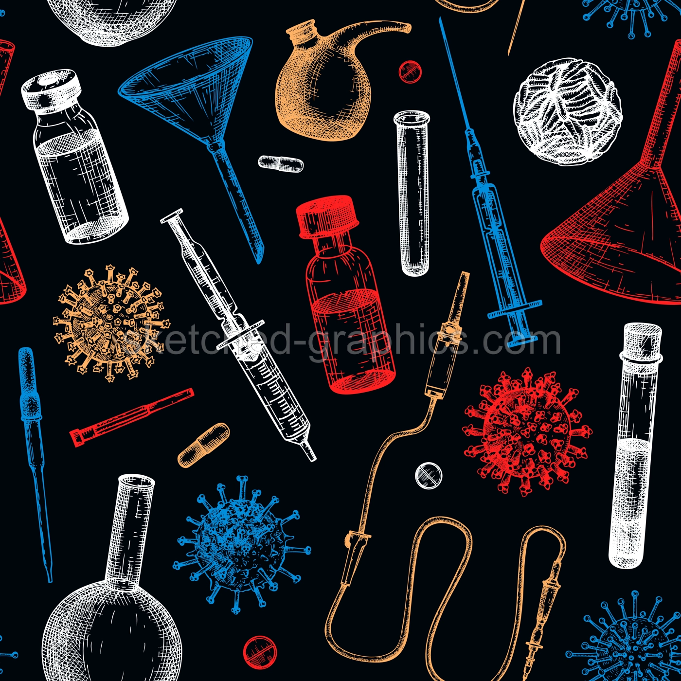 Antiviral therapy and vaccination background. Hand drawn vector illustrations. Vaccine in bottles, laboratory equipment, different virus sketches. Medicine seamless pattern . Covid-19 drawing  Illustration